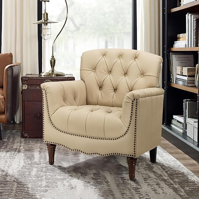 HULALA HOME Mid Century Modern Leather Club Chairs, Top-Grain Genuine Leather Armchairs with Button-Tufted Back & Solid Wood Legs, Accent Chairs for Living Room/Bedroom/Home Office, Beige