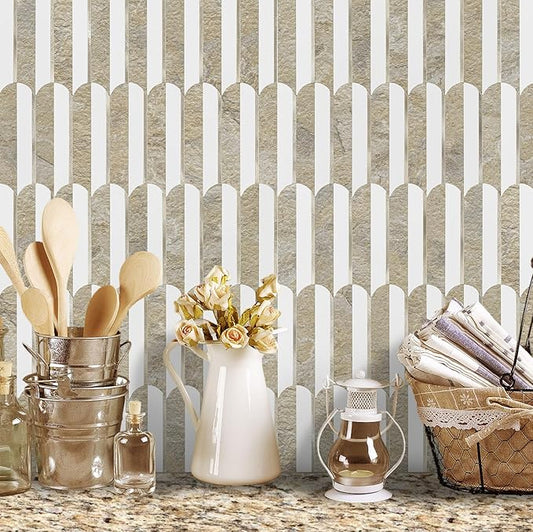 Vamos Tile Peel and Stick Backsplash Seamless Tile,10 Sheets Stick on Backsplash for Kitchen& Bathroom,Honey Travertine+Matt Pure White Marble Look+Light Gold Metal Self Adhesive Backsplash Tile