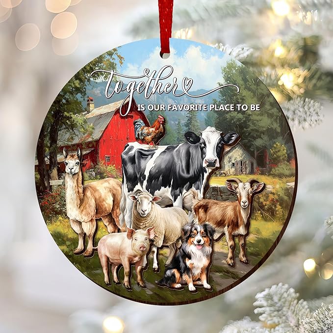 OASSIE Christmas Farmer Gifts for Women - Wooden Rustic Farmhouse Ornaments for Tree Decorations - Animal Lover Gifts for Farmers, Farm Animal Christmas Ornaments for Farmhouse Decor, Gift for Farmer