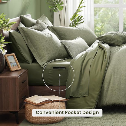 Monbix King Size Comforter Set, Sage Green King Size Bed Set Reversible 7 Pieces, Cationic Dyeing Bed in a Bag with Comforter, Sheets, Pillowcases & Shams