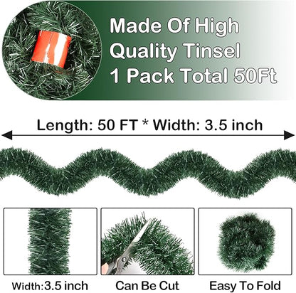50FT Christmas Green Garland Artificial Greenery Garland for Christmas Tree Decorations, Xmas Decor for Home Fireplace Mantle Stairs Holiday Party Indoor Outdoor