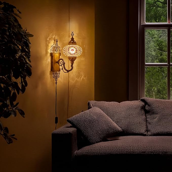 Turkish Moroccan Mosaic Plug-in Wall Sconce Lamp, Handmade Tiffany-Style Glass Globe, Ornate Brass Base, 5.2-ft Cord, Decorative Lighting for Living Room, Bedroom, Dining Room, 15x5 in, Brown & Amber