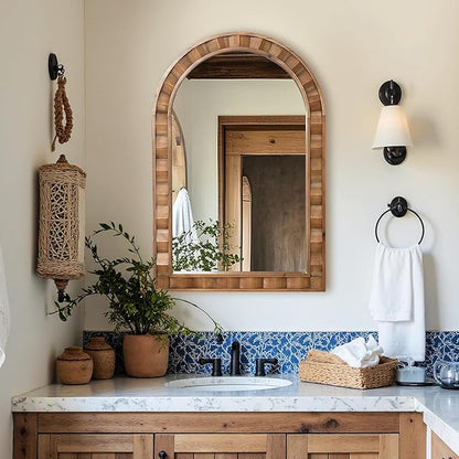 LuxenHome Arched Wall Mirror, 30.4"x18.5" Solid Wood Framed Rustic Farmhouse Decorative Wooden Mirrors, Wall Mounted Hanging Accent Entryway Mirror for Bathroom, Living Room, Bedroom Home Decor