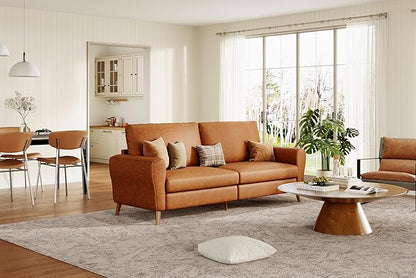 GarveeHome 84" Faux Leather Couch, Brown Couches for Living Room, 3 Seater Sofa with Wide Armrests, Wood Legs, Deep Seats, Mid-Century Modern Loveseat Sofa for Small Spaces, Easy Assembly