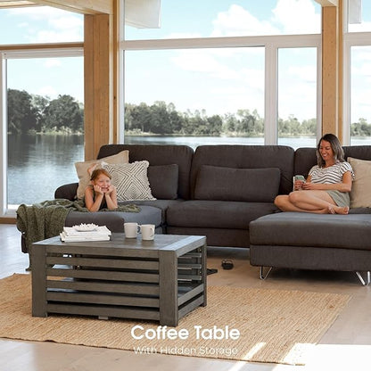 Transformer Expandable Dining Table for 2 to 12 with Coffee Table Panel Storage – Solid Wood Space-Saving Adjustable Dining Furniture (Dark Grey, Table + Coffee Table)