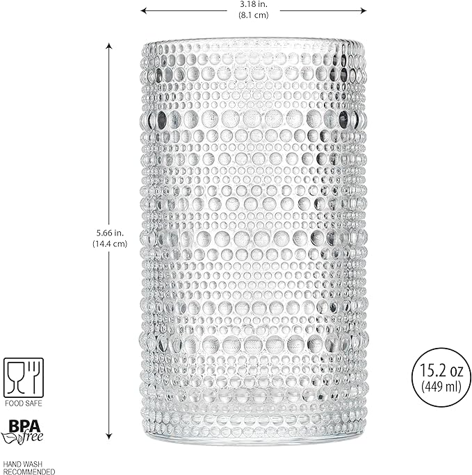 Glaver's Hobnail Drinking Glasses, Set of 4 Clear Vintage Beaded Glass Cups, 15 Oz. Cocktail Drinking Glassware Set, For Water Juice, Smoothies. Home, Dinner, Bar uses.