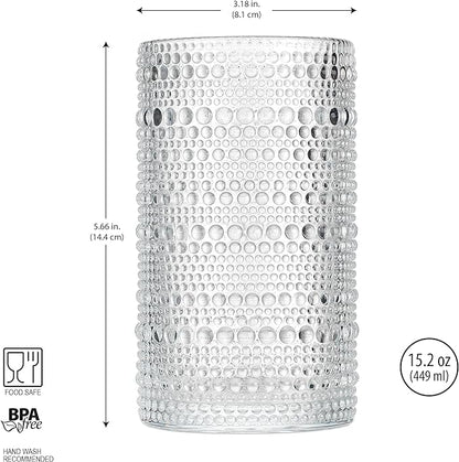 Glaver's Hobnail Drinking Glasses, Set of 4 Clear Vintage Beaded Glass Cups, 15 Oz. Cocktail Drinking Glassware Set, For Water Juice, Smoothies. Home, Dinner, Bar uses.