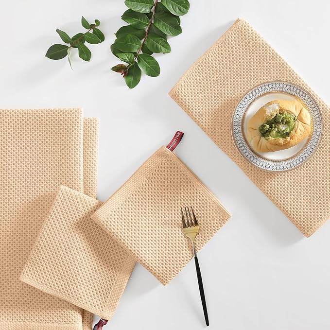 Homaxy 100% Cotton Kitchen Towels and Dishcloths Set, 12 x 12 Inches and 13 x 28 Inches, Set of 12 Bulk Kitchen Towels Set, Ultra Soft Absorbent Dish Cloths for Washing Dishes, Apricot