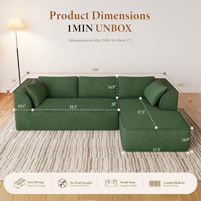 Vesgantti 106" Cloud Sectional Couch with Chaise, Deep Seat Modular Sectional Sofa Chenille Sofa Boneless Couches for Living Room Bedroom, No Assembly Required (Green, Right-Facing Chaise)