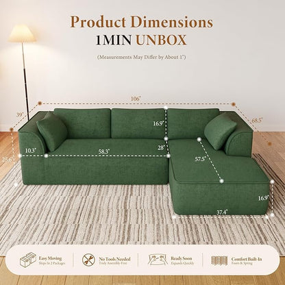 Vesgantti 106" Cloud Sectional Couch with Chaise, Deep Seat Modular Sectional Sofa Chenille Sofa Boneless Couches for Living Room Bedroom, No Assembly Required (Green, Right-Facing Chaise)