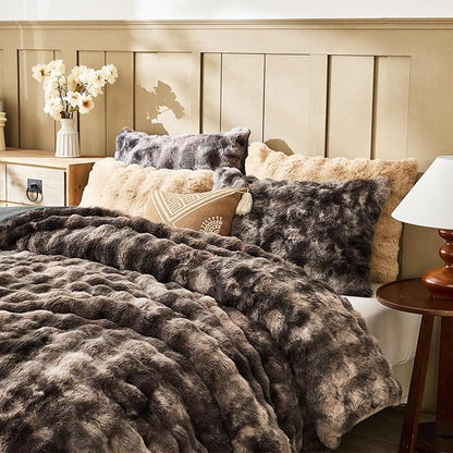 Lotus Karen Faux Fur King Comforter Set – Tie-Dye Dark Gray Fluffy Comforter King Size, Big Bubble Faux Rabbit Fur Bedding Comforter Sets, Cozy Fuzzy Bed Set 3 Pieces, 1 Comforter and 2 Pillowcases