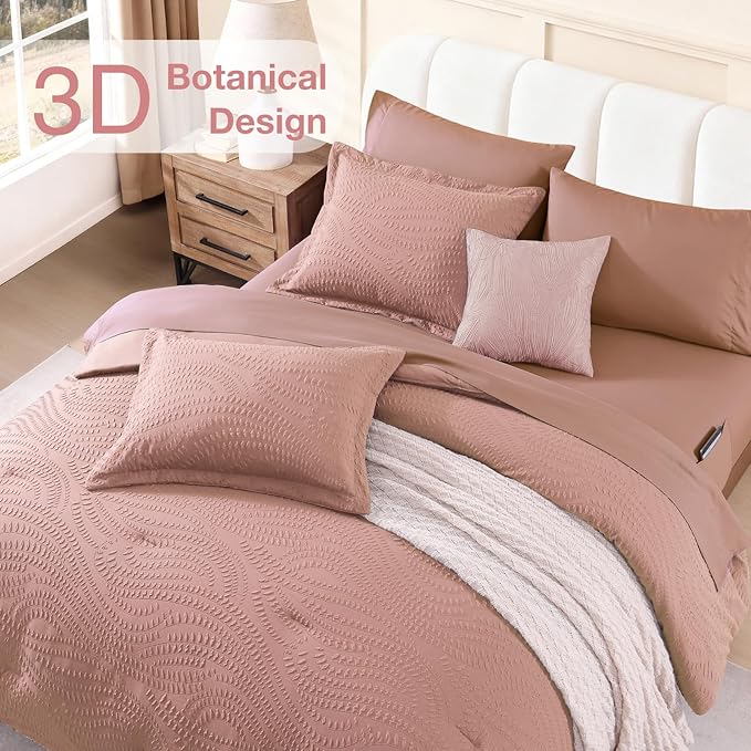 Geniospin King Size Comforter Set - 7 Pieces Dusty Pink Bedding Set, Botanical Textured Comforter Bed Set, All Season Lightweight Bed in a Bag with Comforter, Sheets, Pillowcases & Shams