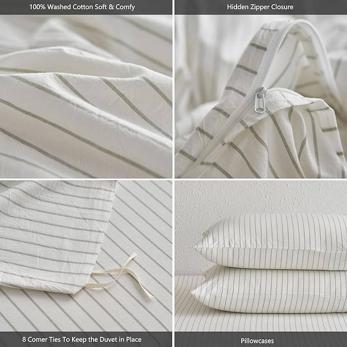 MooMee Striped Duvet Cover Set 100% Washed Cotton Linen Like Textured Breathable Durable Soft Comfy (White Sage Green Wide Stripes, Palatial King/Oversized King 120"x98")