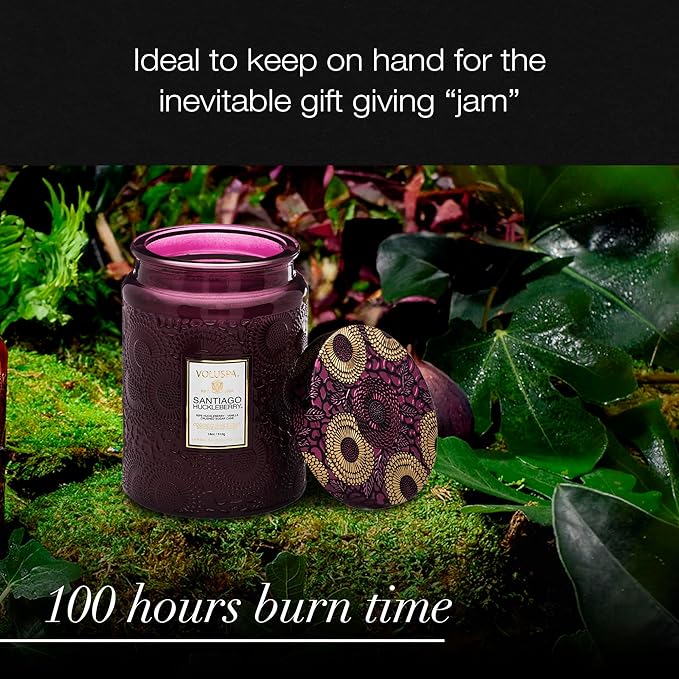 Voluspa Santiago Huckleberry, Large Candle Jar, 18 oz, 100 Hour Burn Time, Coconut Wax for Clean Burning, Handcrafted in the USA