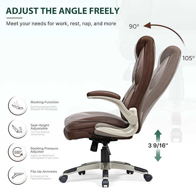 EUREKA ERGONOMIC Galene Executive Office Chair Flip Up Arm Rest, Ergonomic Desk Chair Faux Leather Computer Chair, High Back Office Chair with Headrest, Home Desk Chairs with Wheels, Brown