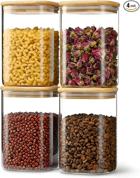 37oz Airtight Glass Square Storage Canister with Bamboo Lid Set of 4 (1100ml) Container Stackable Jar, Kitchen Canister for Pantry Noodles, Flour and Coffee beans (‎with Black Lable)