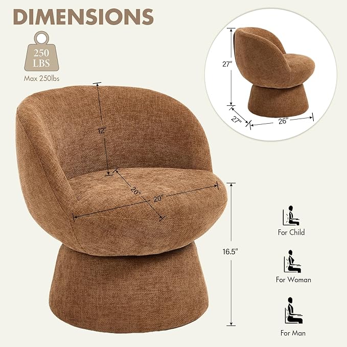 360° Swivel Accent Chairs Set of 2, Modern Brown Chenille Upholstered Round Barrel Chair with Curved Back, Bucket Vanity Armchair for Small Space,Living Room, Bedroom