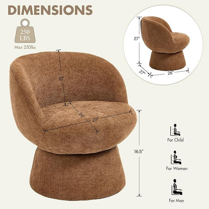 360° Swivel Accent Chairs Set of 2, Modern Brown Chenille Upholstered Round Barrel Chair with Curved Back, Bucket Vanity Armchair for Small Space,Living Room, Bedroom