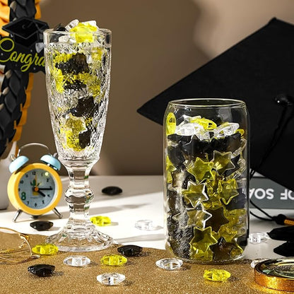 120 Pcs Happy New Years Acrylic Star Translucent Crystals Gems New Year 2026 3D Star Shaped Gems for Vase Filler Ice Rocks, Party Wedding Arts Crafts Decoration (Blak/Gold/Translucent)