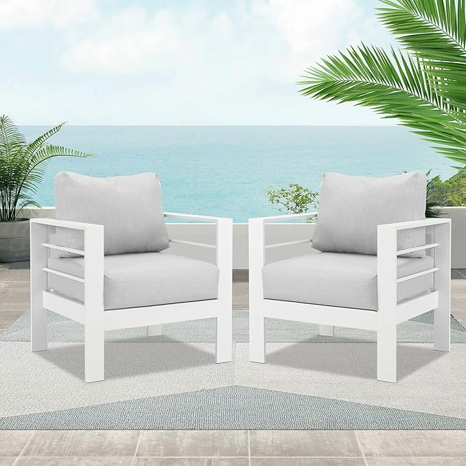 Wisteria Lane 2 Pieces Patio Furniture Aluminum Outdoor Chair, All-Weather Outdoor Single Chair, White Metal Chair with Light Grey Cushions