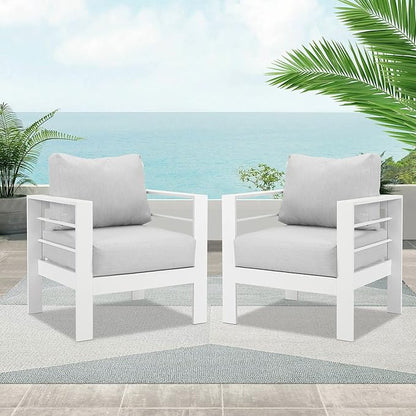 Wisteria Lane 2 Pieces Patio Furniture Aluminum Outdoor Chair, All-Weather Outdoor Single Chair, White Metal Chair with Light Grey Cushions