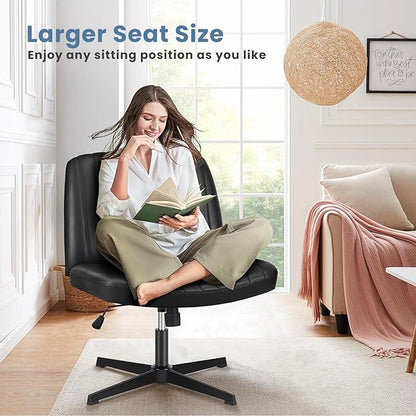 DUMOS Desk Chair No Wheels, Criss Cross Chair Wide Cross Legged Desk Vanity Chair, PU Leather Armless Adjustable Swivel Chairs for Home Computer Task Black