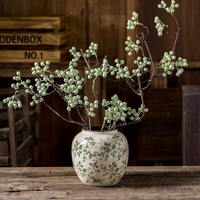 Vintage Green and Beige Round Pastoral Vase, Round Ceramic Floral Vases, Retro Ice Cracked Chinoiserie Vase for Home Decor, Living Room, Bookshelf, Office, Rustic Table Centerpiece 6.7 Inch