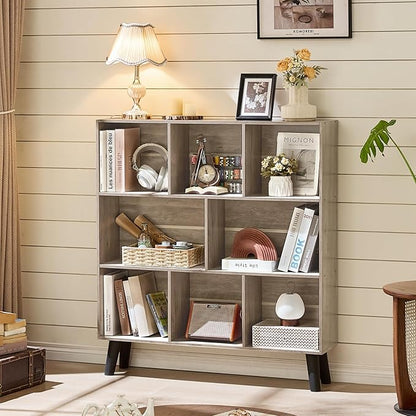 LEYAOYAO 8 Cube Bookshelf,3 Tier Bookcase with Legs,Modern Grey Mid-Century Bookshelves,Large Farmhouse Open Storage Organizer Shelf, Retro Wooden Display Book Case for Bedroom,Living Room,Office