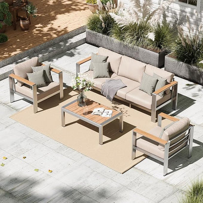Aluminum Outdoor Patio Furniture Set with Table, 4 Piece Patio Conversation Sets with Washable Thick Cushions, Outdoor Chair Sectional Furniture Set for Porch, Balcony, Deck, Silver