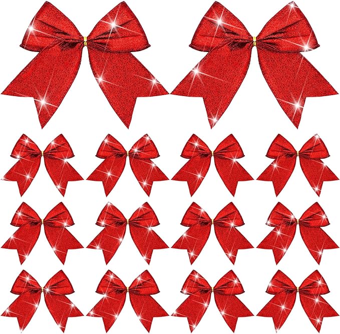 Cindeer 24 Pcs Red Christmas Bow Decorations 6 x 6 Inches, Glitter Holiday Ornaments Sequin Ties Bows for Xmas Tree, Wreath, DIY Crafts, Gift Wrapping, Party Decor
