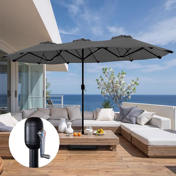 Shintenchi 16FT Large Patio Umbrella with Base, Outdoor Double-Sided Rectangular Umbrella, Market Umbrella with Crank Handle for Poolside Lawn Garden, Gray