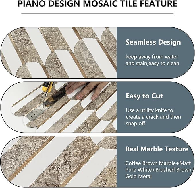 Vamos Tile Peel and Stick Backsplash Seamless Tile,10 Sheets Stick on Backsplash for Kitchen & Bathroom,Coffee Brown+Matt Pure White Marble Look+Brown Gold Metal Self Adhesive Backsplash Tile