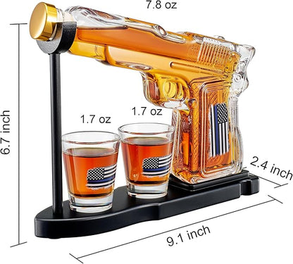 Police Flag Gifts for Men Dad, Father Whiskey Decanter Set - 8 Oz with Two 2 Oz Glasses, American Pistol Gun Anniversary Birthday, Home Bar Gifts, First Responder Present Dispenser, Husband Bar Gift