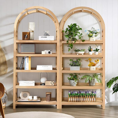 5-Tier Solid Wood Open Bookcase, Modern Arched Bookshelf, Home Office Shelf Storage Organizer, Storage Display Rack Shelf for Living Room (Natural)
