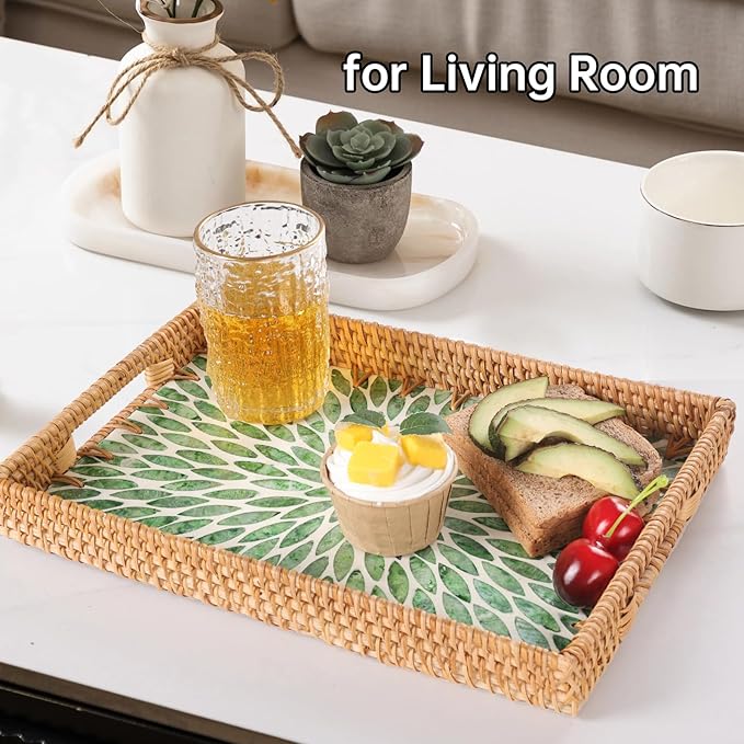 Rectangle Rattan Tray with Mother of Pearl Inlay, Rattan Serving Tray with Handle for Coffee, Bread, Fruits, Snacks, Decorative Wicker Tray for Table Decor (Rectangle Green Leaf, 13"×9")