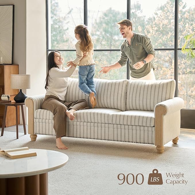 EcoHarbor Living 3-Seater Couch, Stripe 81" Mid-Century Modern Upholstered Sofa with Armrests, Stripe Couches for Living Room, Bedroom, Office, Apartment