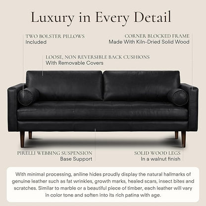 Poly & Bark Napa Leather Couch - 88.5-Inch Office Sofa with 2 Bolsters - Full-Grain Leather Sofa for Living Room with Feather-Down Topper - Living Room Couch - Vintage Italian Leather in Onyx Black