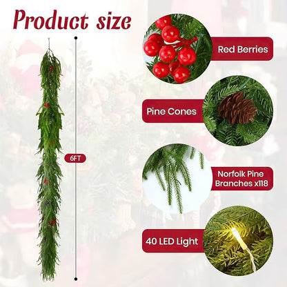 6ft Norfolk Pine Christmas Garland,Thick-Lush Faux Cedar Greenery (118 Full Branches) with LED Lights(40 Pieces), Pinecones & Red Berries for Fireplace Mantels, Tables, Walls | Indoor & Outdoor Decor