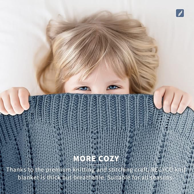 RECYCO Cable Knit Dusty Blue Throw Blanket Twin Size, Super Soft Warm Cozy Decorative Knitted Throw Blanket 3.6LB for Large 60"x80"