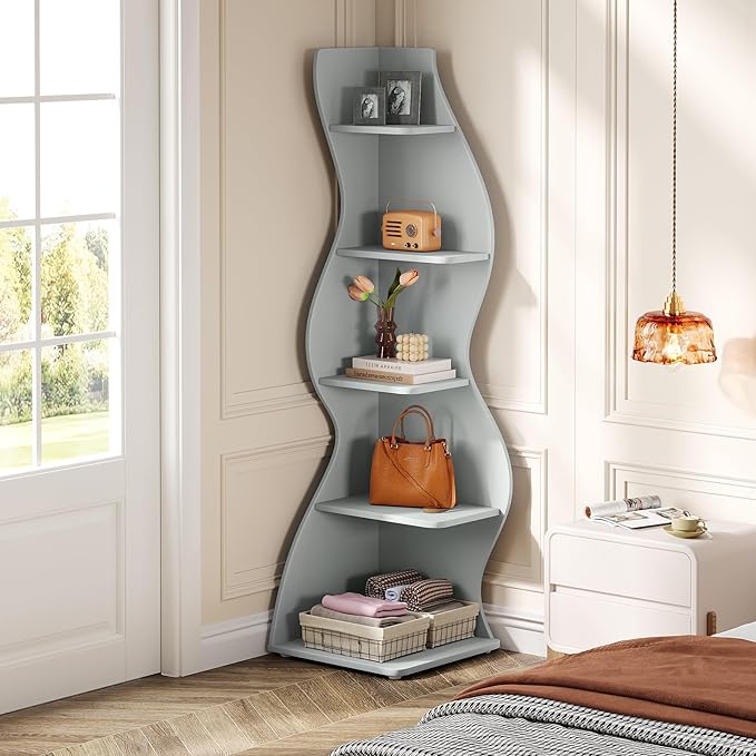 Tribesigns Wavy Corner Shelf, Modern 5-Tier Bookshelf Bookcase with Curvy Shape, Unique Plant Stand Display Rack for Living Room Small Space (Blue)