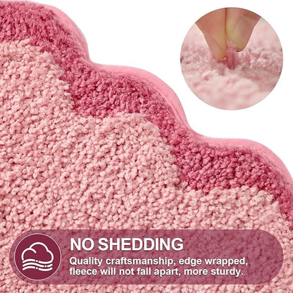ORTIGIA Cute Pink Bow Scalloped Bath Mat, Fun Plush Microfiber Scallop Bathroom Rugs Non Slip Washable Quick Dry Absorbent, Bath Rug for Shower Stall Vanities Kitchen Floor Entrance, 20x32