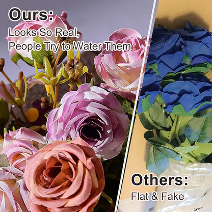 Artificial Flowers for Outdoor 4 Bundles Rose Bouquet with Daisy Faux Flowers UV Resistant for Home Indoor Outside Garden Porch Window Box Balcony Yard Porch Decor (Purple+Brown)