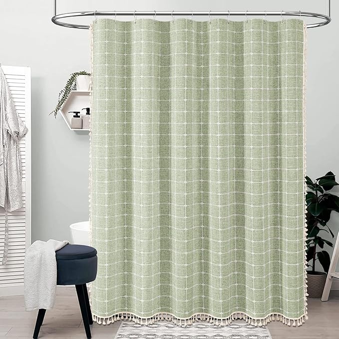 BTTN Boho Farmhouse Shower Curtain, Linen Rustic Heavy Duty Fabric Shower Curtain Set with Tassel, Water Repellent, Bohemian Vintage Country Thick Cloth Shower Curtains for Bathroom, Sage Green, 72x72