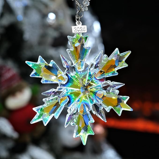 2025 Annual Christmas Ornaments Crystal Snowflake Star, Clear Multi Color Faceted Crystal with Tone Metal Accents and Rayon Ribbon-New Year Christmas Tree Ornament Wedding Party Window Hanging Decor