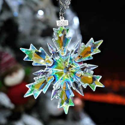 2025 Annual Christmas Ornaments Crystal Snowflake Star, Clear Multi Color Faceted Crystal with Tone Metal Accents and Rayon Ribbon-New Year Christmas Tree Ornament Wedding Party Window Hanging Decor