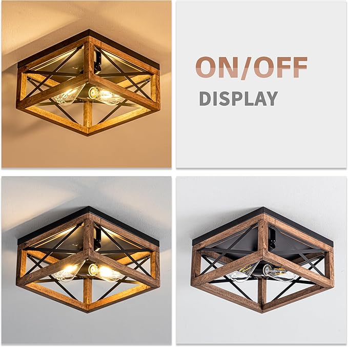 Flush Mount Ceiling Light Fixture for Kitchen Hallway, 2-Light Close to Ceiling Light with Black Metal and Wood Design, Rustic Farmhouse Ceiling (Bulb not Included)