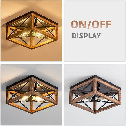 Flush Mount Ceiling Light Fixture for Kitchen Hallway, 2-Light Close to Ceiling Light with Black Metal and Wood Design, Rustic Farmhouse Ceiling (Bulb not Included)