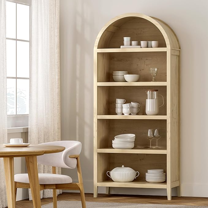 71" Tall Arched Bookcase, 5 Tier Bookshelf with Adjustable Shelves Wood Storage Cabinet Freestanding Display Kitchen Pantry for Living Room Home Office, Light Oak