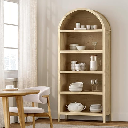 71" Tall Arched Bookcase, 5 Tier Bookshelf with Adjustable Shelves Wood Storage Cabinet Freestanding Display Kitchen Pantry for Living Room Home Office, Light Oak