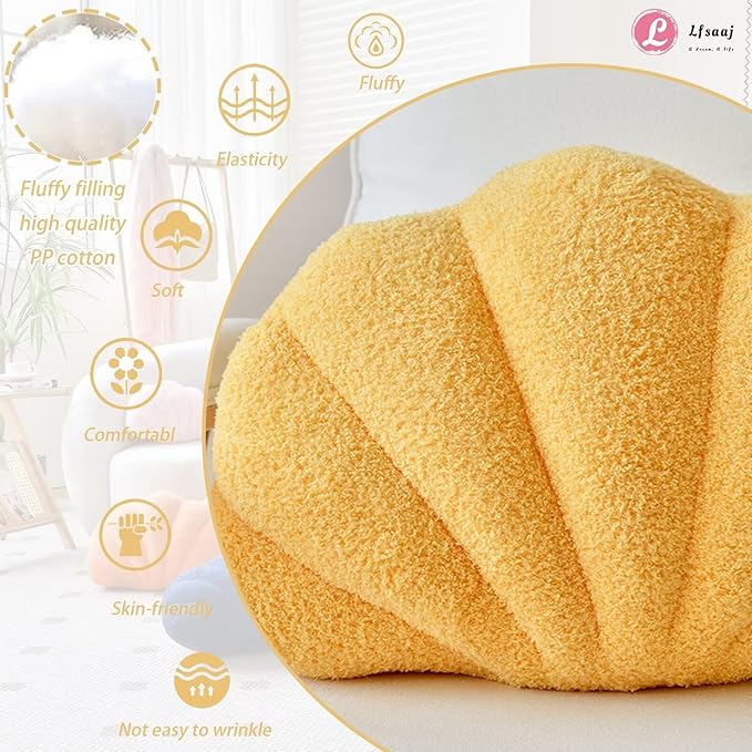 Yellow Seashell Throw Pillows, Shell Shaped Throw Pillows, 13 Inch Soft Home Decorative Pillow Plush Cushion for Bed Couch Living  Room Decor Accent Throw Pillow